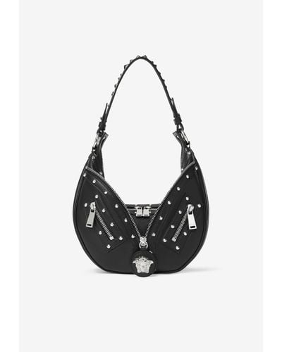 Versace Small Repeat Hobo Leather Shoulder Bag - Black