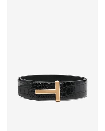Tom Ford T Plaque Croc-Embossed Leather Belt - White