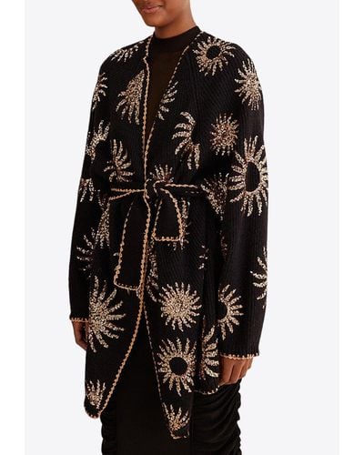 FARM Rio Sequin-Embroidered Belted Knit Sun Cardigan - Black