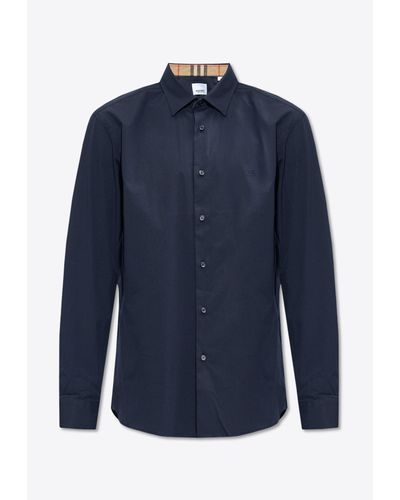 Burberry Logo Embroidered Long-Sleeved Shirt - Blue