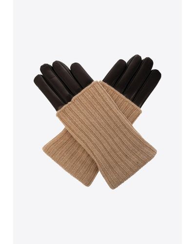 Ferragamo Ribbed Knit Paneled Leather Gloves - Brown