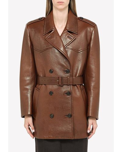 Prada Short Double-breasted Leather Coat - Brown