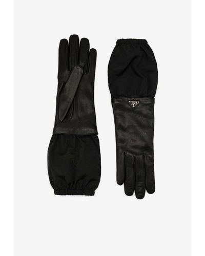 Prada Logo Appliqué Leather Gloves - Black