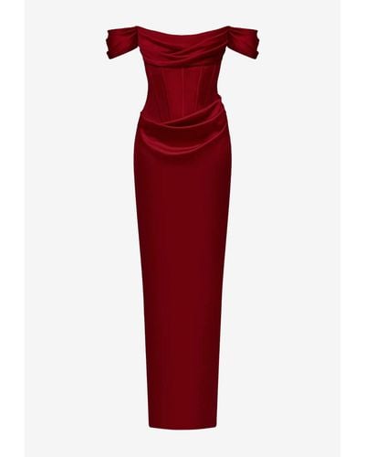 Rasario Off-shoulder Draped Corset Satin Gown - Red