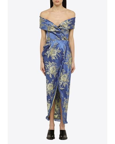 Etro Off-Shoulder Floral Jacquard Maxi Dress - Blue