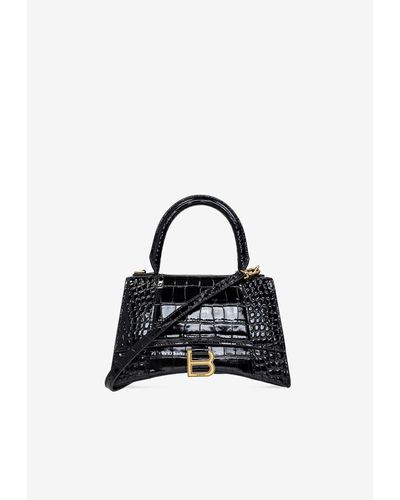 Balenciaga Small Hourglass Crocodile-Embossed Crossbody Bag - Black