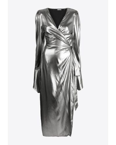 ROTATE BIRGER CHRISTENSEN Metallic Midi Wrap Dress - Gray