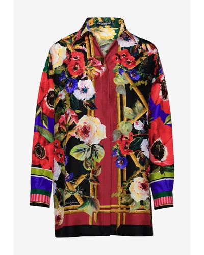 Dolce & Gabbana Floral Long-Sleeved Silk Shirt - Red