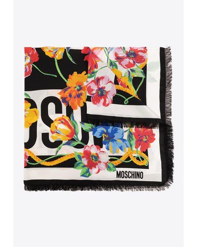 Moschino Floral Print Silk Scarf - Black
