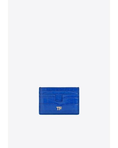 Tom Ford Classic Tf Cardholder In Croc-embossed Leather - Blue