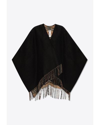 Burberry Reversible Wool Checked Fringed Poncho - Black