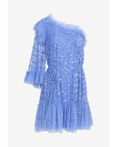 Needle & Thread One-Shoulder Shimmer Wave Gloss Micro Mini Dress - Blue