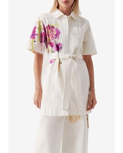 Aje. Floral Denim Mini Shirt Dress - White