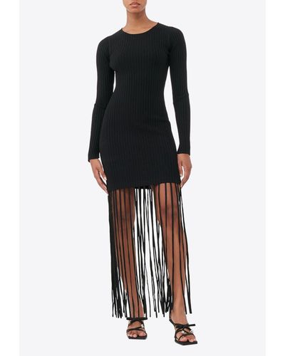 Ganni Melange Knit Fringe Mini Dress - Black
