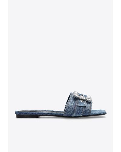 Dolce & Gabbana Patchwork Denim Flat Sandals With Rhinestone Embellishments - Blue