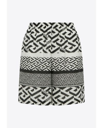 Versace Greca Print Linen Shorts - Grey