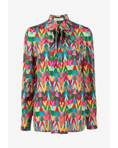 Valentino Optical V Long-sleeved Shirt With Bow - Multicolor