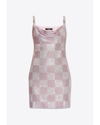 Versace Crystal Embellished Checked Mini Dress - Pink