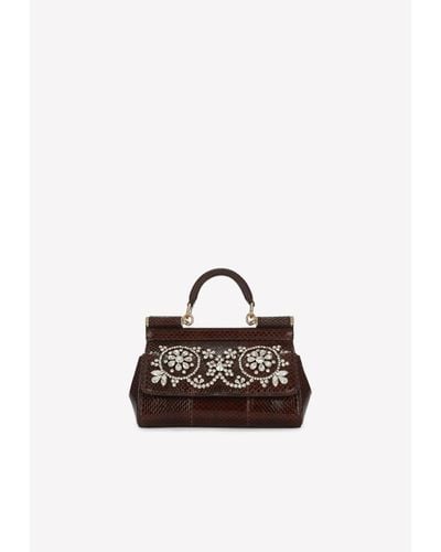 Dolce & Gabbana Small Sicily Crystal-Embellished Bag - Brown