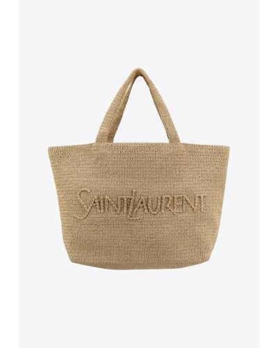 Saint Laurent Logo-Embossed Raffia Tote Bag - Natural