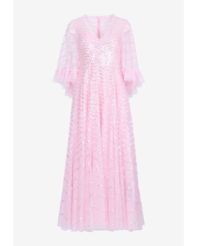 Needle & Thread V-Neck Shimmer Wave Gloss Sequined Gown - Pink