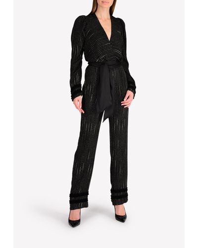 AZULU Dusty Striped Plunge Jumpsuit With Bow - Black