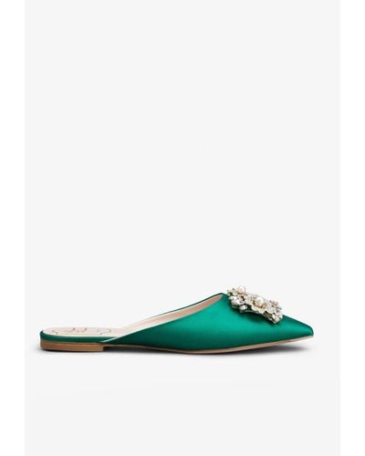 Roger Vivier Bouquet Strass Pearl Buckle Flat Mules - Green