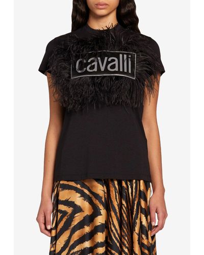 Roberto Cavalli Feather Trimmed Logo T-shirt - Black