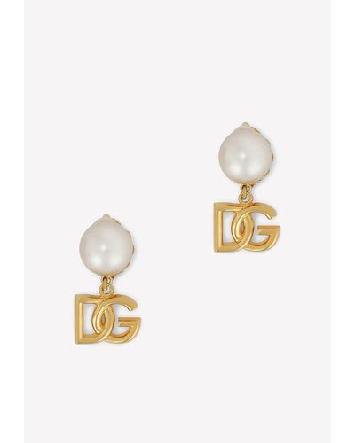 Dolce & Gabbana -plated Logo Pearl Drop Earrings - Metallic