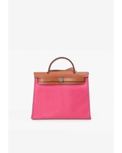 Hermès Herbag 31 In Pink Toile Militaire And Gold Vache Hunter Leather