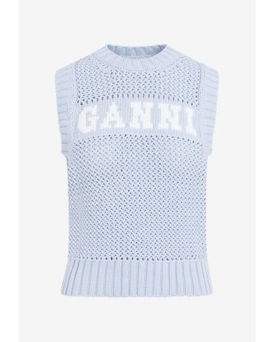 Ganni Crochet-Knitted Logo-Jacquard Sweater Vest - Blue