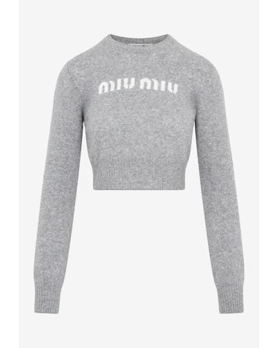 Miu Miu Logo Cropped Jumper In Wool And Cashmere - Grey