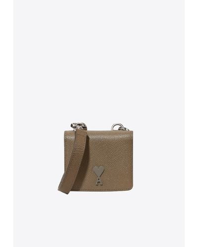 Ami Paris Ami De Coeur Grained Leather Cardholder With Strap - Gray