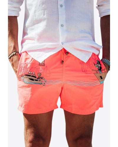 Les Canebiers All-Over Saint-Tropez Embroidered Swim Shorts - Pink