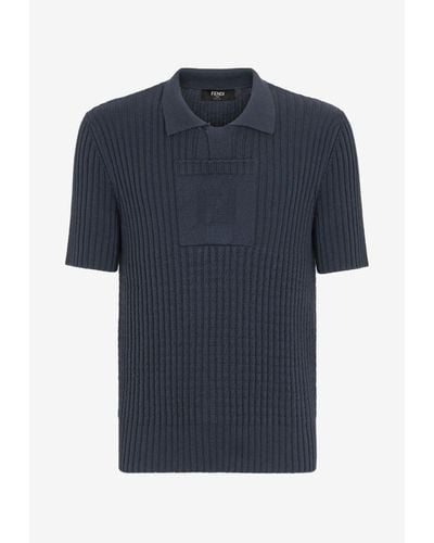 Fendi Ff Monogram Intarsia Rib Knit Polo T-shirt - Blue