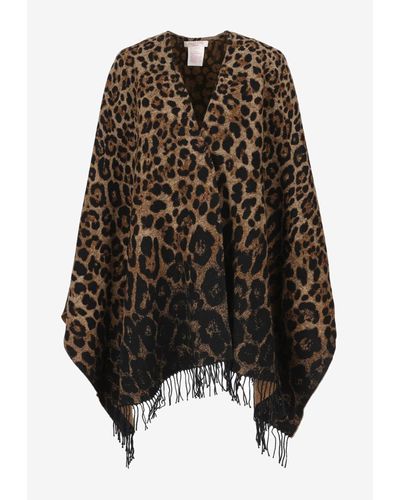 Valentino Leopard Print Poncho In Wool Blend - Black