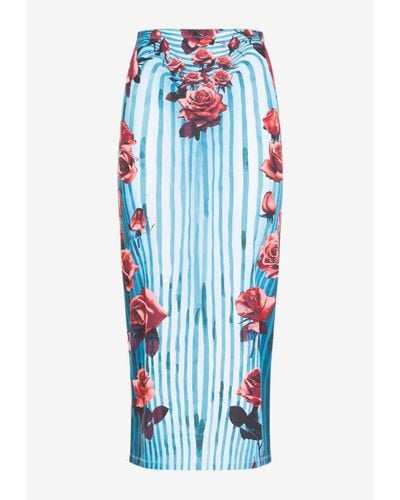 Jean Paul Gaultier Striped Floral Maxi Sheer Skirt - Blue