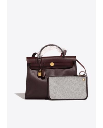 Hermès Herbag 31 In Cassis / Ecru Toile And Rouge Sellier Vache Hunter With Gold Hardware - Multicolor