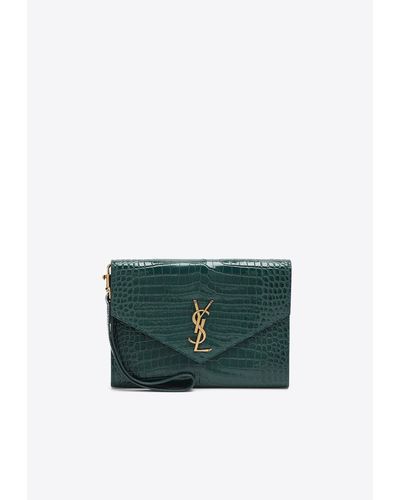 Saint Laurent Cassandre Envelope Pouch Bag In Croc-embossed Leather - Green