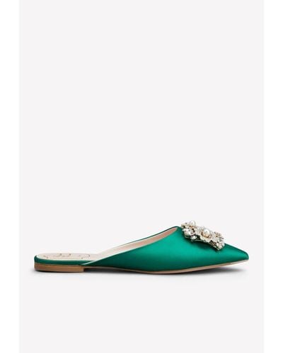 Roger Vivier Bouquet Strass Pearl Buckle Flat Mules - Green