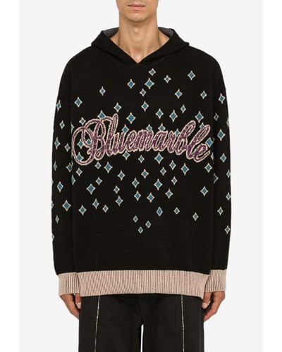 Bluemarble Knitted Rhinestone-Embellished Hooded Sweatshirt - Black