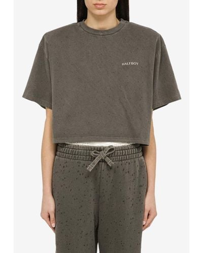 Halfboy Cropped Distressed Washed-Out T-Shirt - Gray