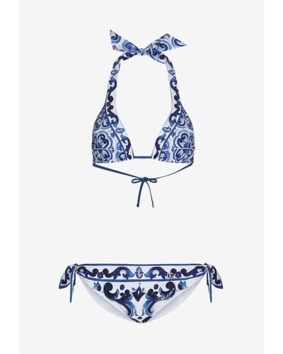 Dolce & Gabbana Majolica Print Halterneck Padded Bikini Set - Blue