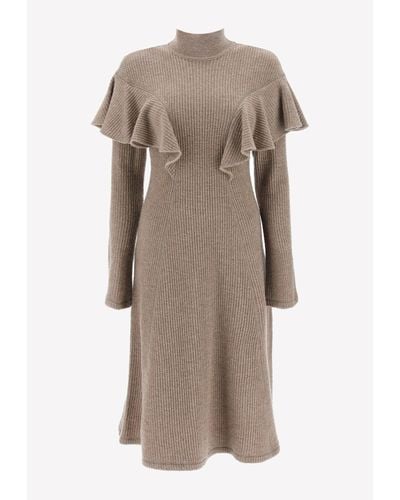 Chloé Ruffle Ribbed Knit Midi Dress - Natural