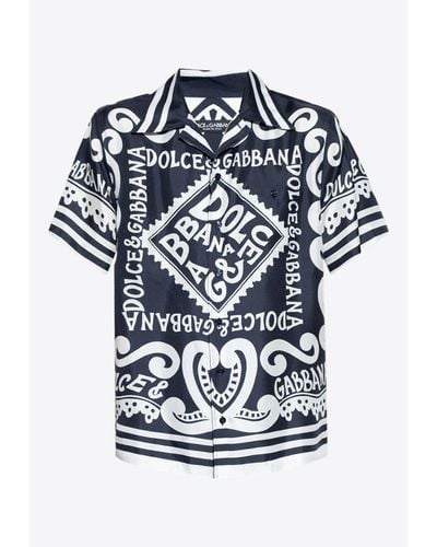 Dolce & Gabbana Marina Print Bowling Silk Shirt - Blue