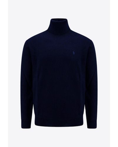 Polo Ralph Lauren Logo Embroidered Wool Turtleneck Sweater - Blue