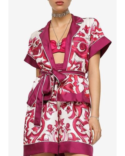 Dolce & Gabbana Majolica Print Silk Twill Belted Shirt - Red