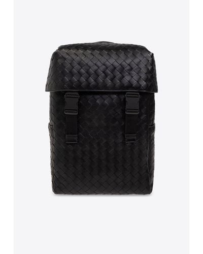 Bottega Veneta Intrecciato Leather Flap Backpack - Black