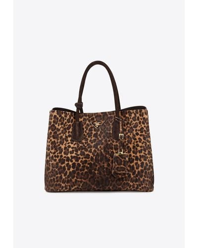 Prada Leopard-Pattern Suede Tote Bag - Brown