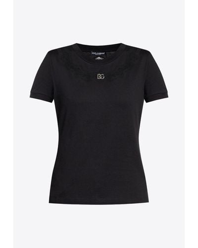 Dolce & Gabbana Logo Embellished T-Shirt With Lace Inserts - Black